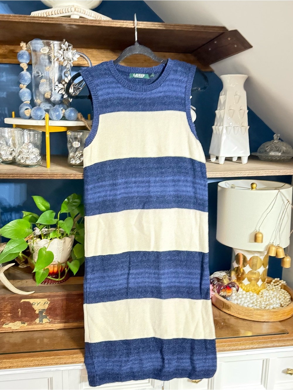 Ralph Lauren Navy and Cream Striped Sleeveless sweater Dress